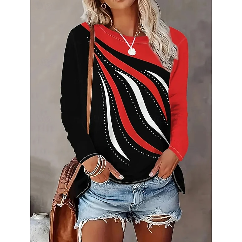 Women's T Shirt Graphic Geometric Striped Vintage Stylish Classic Long Sleeve Crew Neck Round Neck Regular Tops Daily Print Red Spring Fall Winter2