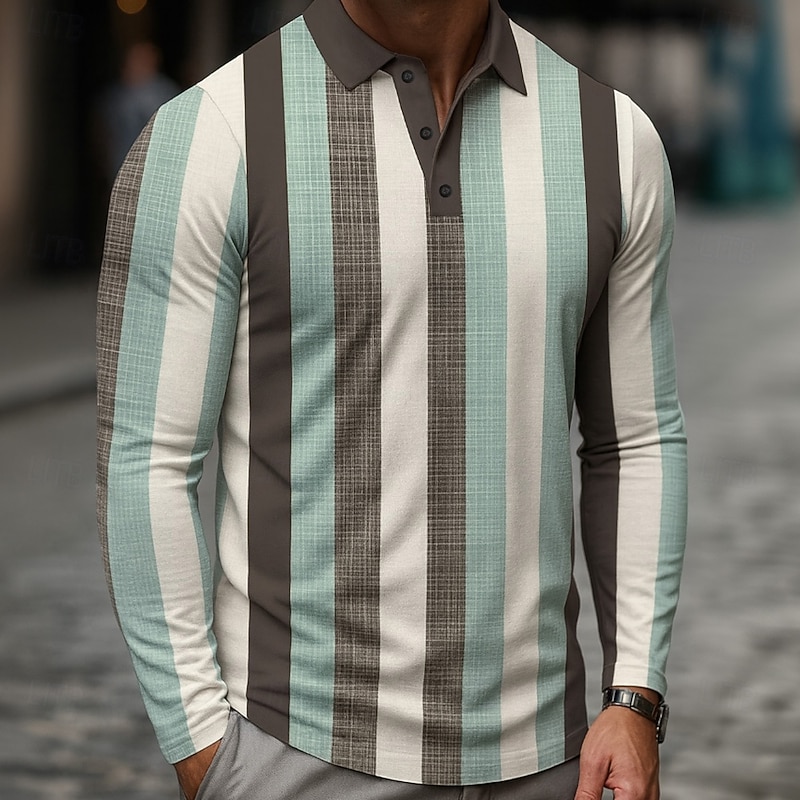 Men's Geometic Polo Long Sleeve Polo Shirts Lapel Casual Outdoor Athleisure Daily Wear 3D Print Buttons Spring Fall Winter White Green2