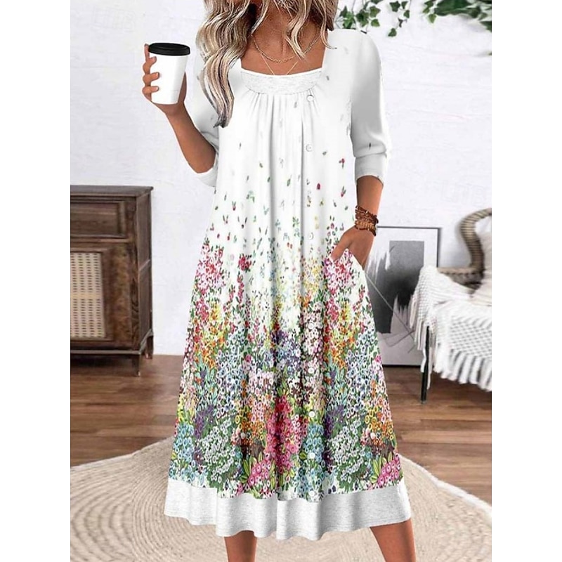 Women's Midi Dress Shift Dress Casual Daily Regular Fit Floral Graphic Abstract Long Sleeve Square Neck White Summer Spring Fall Winter