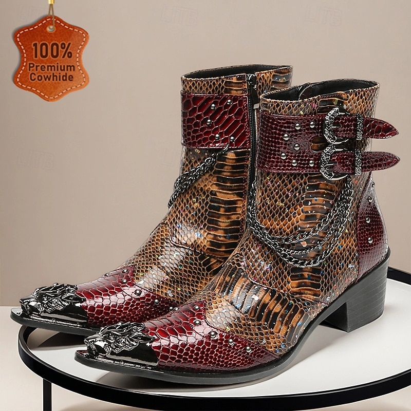 Men's Genuine Cowhide Leather Snakeskin Pattern Ankle Boots with Dual Buckles – Rock Punk Style Casual and Party Footwear