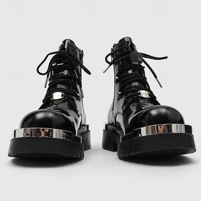 Men's Black Shiny Gothic Platform Boots Lace-Up Punk Combat Boots with Metal Plate Accents for Halloween Parties, Cosplay Events and Rock Stage Shows3