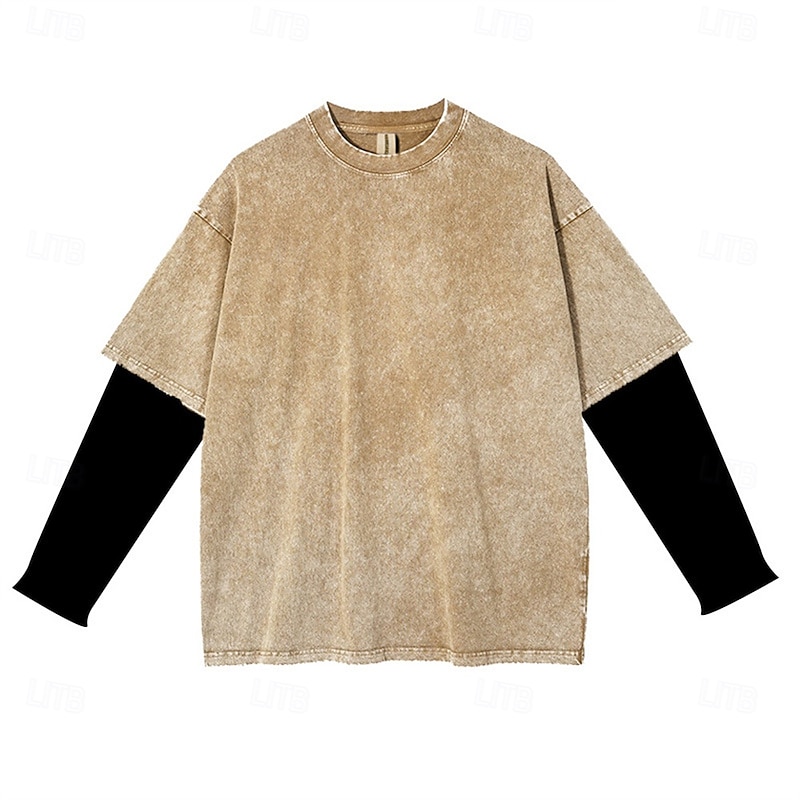 Men's T Shirt Tee Tee Top Long Sleeve Shirt Long Sleeve Crew Neck Spring Fall Color Block Fashion Designer Basic 2 in 1 Vacation Street Going out Black Khaki Gray Top Tee for Men2