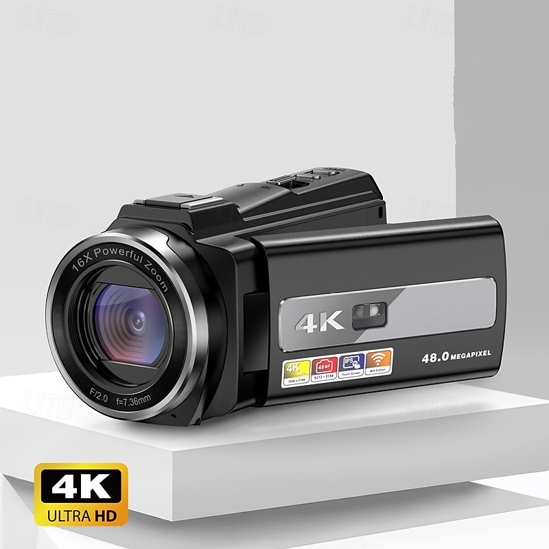 HD 4K handheld DV camcorder for recording VLOGs on the go with WiFi mobile connectivity remote control and a 180-degree rotating screen for selfies.