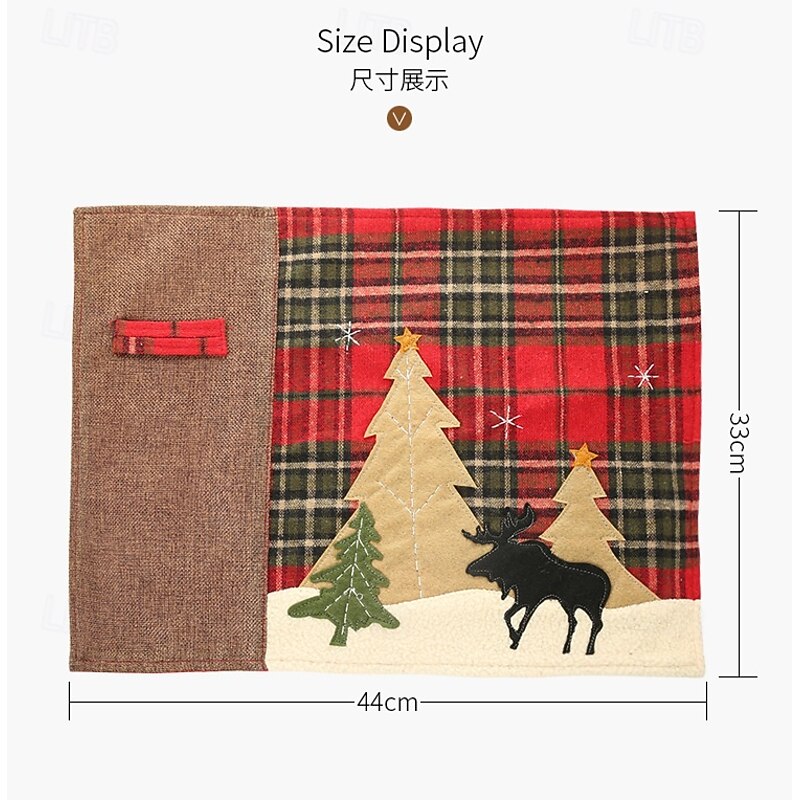 4 Pack Christmas Plaid Table Placemats, Festive Checkered Fabric Dining Mats, Reindeer and Tree Print, Heat-Resistant Holiday Table Decor2