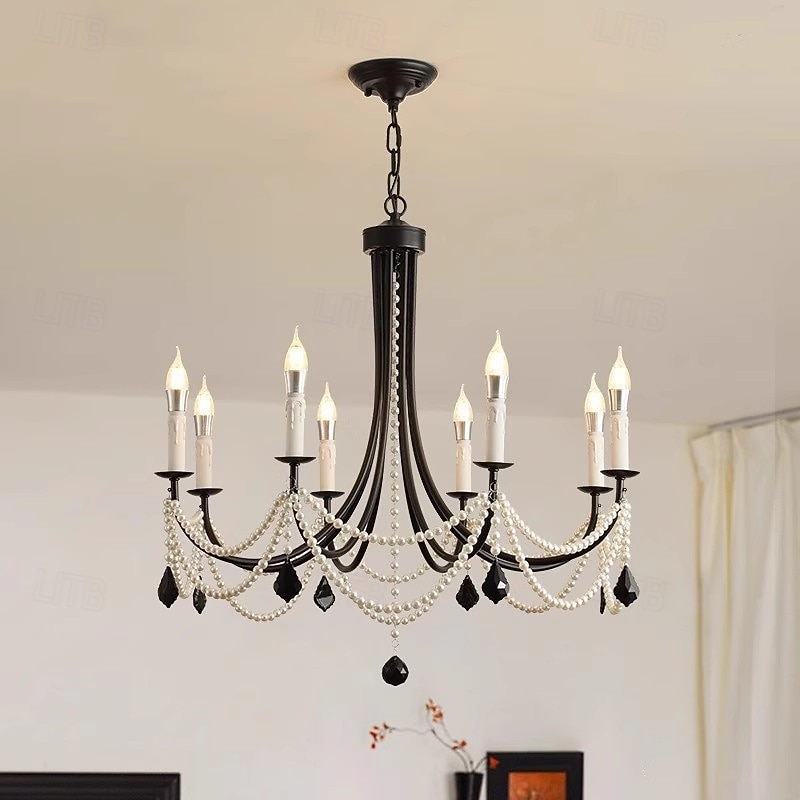 Iron Candle Style Chandelier with Ink Crystal, Adjustable Chain 6/8 Heads Black