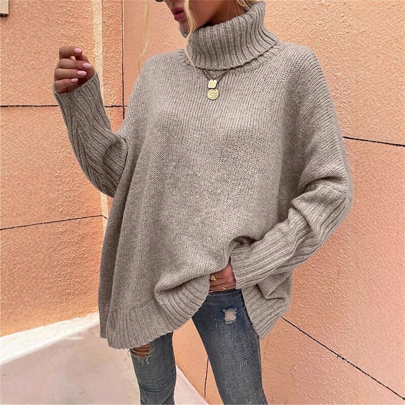 Women's Sweater Fashion Streetwear Casual Pure Color Ribbed Turtleneck Knitted Long Sleeve Regular Tops Knit Outdoor Daily Weekend Khaki Fall Winter