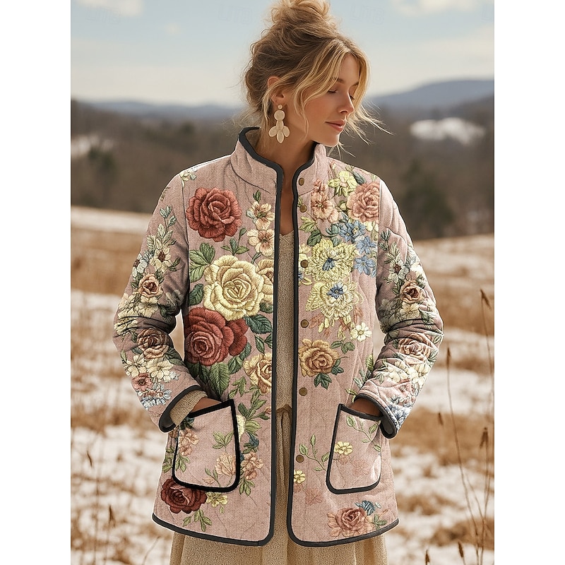 Women's Winter Jacket Quilted Jacket Warm Lightweight Print Active Vintage Cute Artistic Floral Casual Regular Stand Collar Regular Fit Long Sleeve Outerwear Pink Blue Purple Fall Winter4