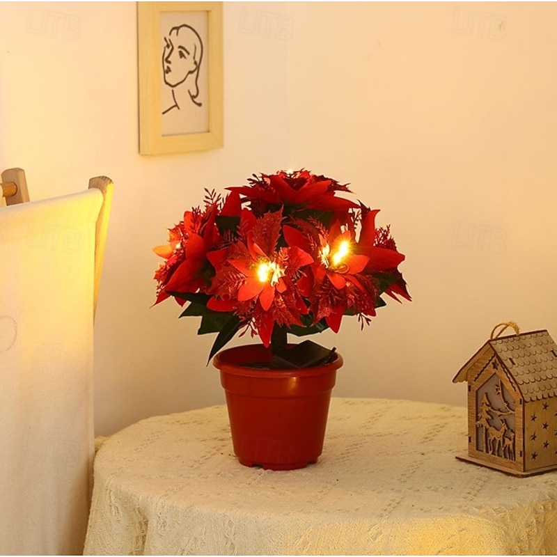 Poinsettia Flowers LED, Artificial Poinsettias Plants, Fake Poinsettias Arrangements Indoor Outdoor Christmas Poinsettia Flowers Decoration Xmas Gift3