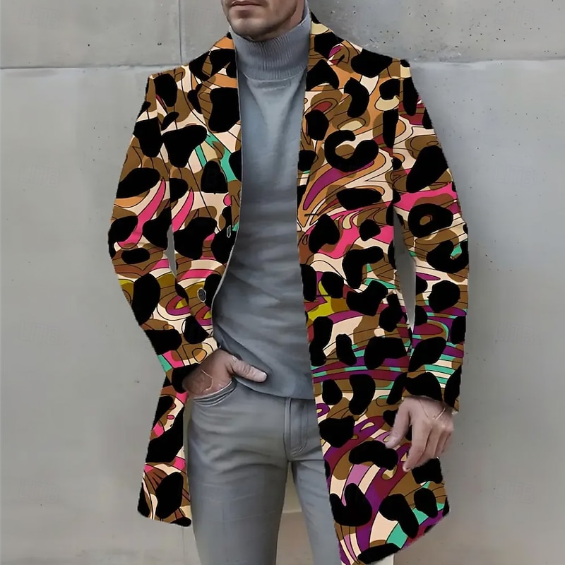 Men's Graphic Overcoat Coat Warm Comfortable Casual Daily 3D Print Buttons Front Pocket Spring Fall Winter Notch Long Sleeve Rainbow