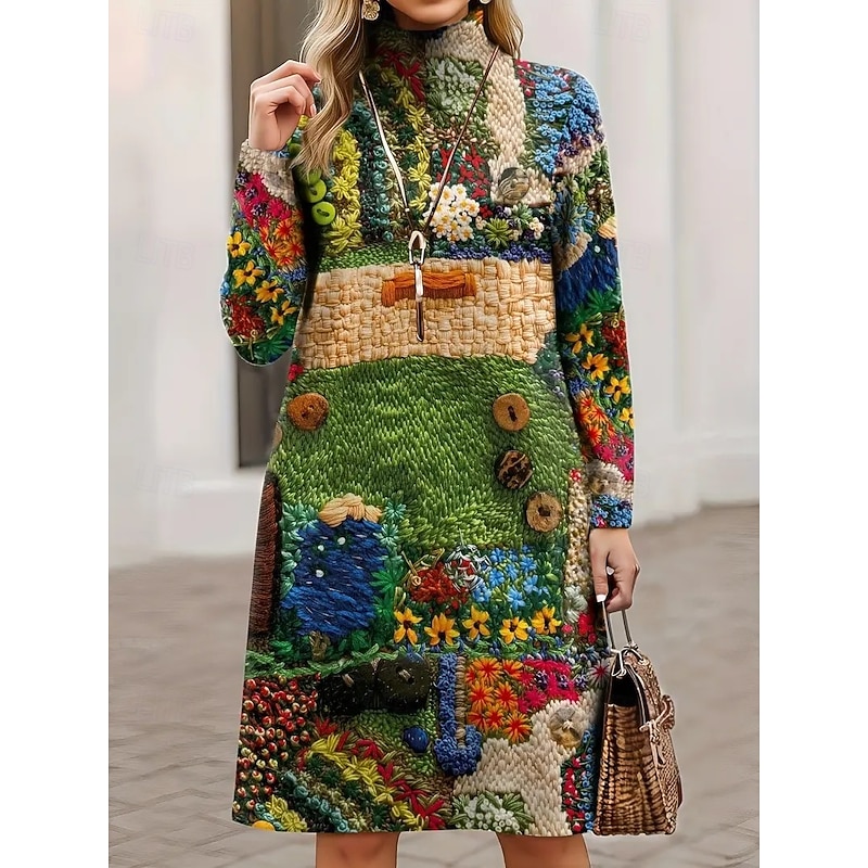 Women's Sweater Dress Mini Dress Shift Dress A Line Dress Vacation Party Casual Home Casual Daily Loose Fit Graphic Tribal Abstract Long Sleeve Turtleneck Purple Green Spring Fall Winter