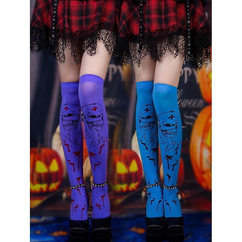 Women's Halloween Nurse Skull Thigh High Socks - Bloody Printed Over the Knee Stockings for Costume Party and Cosplay3