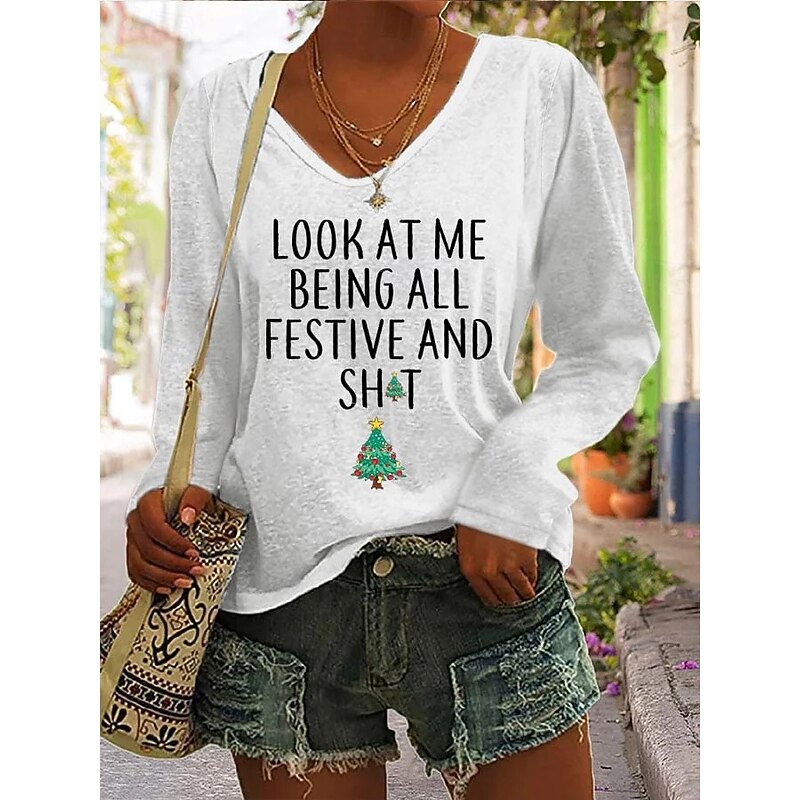 Christmas Women's T Shirt Graphic Christmas Tree Letter Vintage Stylish Classic Long Sleeve V Neck Regular Tops Daily Print Black White Pink Red Green Spring Fall Winter3