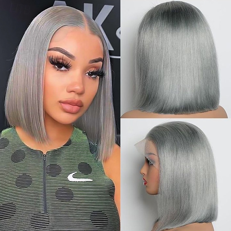 Grey Human Hair 13x4 Lace Front Wig Bob Short Straight Hair Lace Wig 150% Density For Black Women