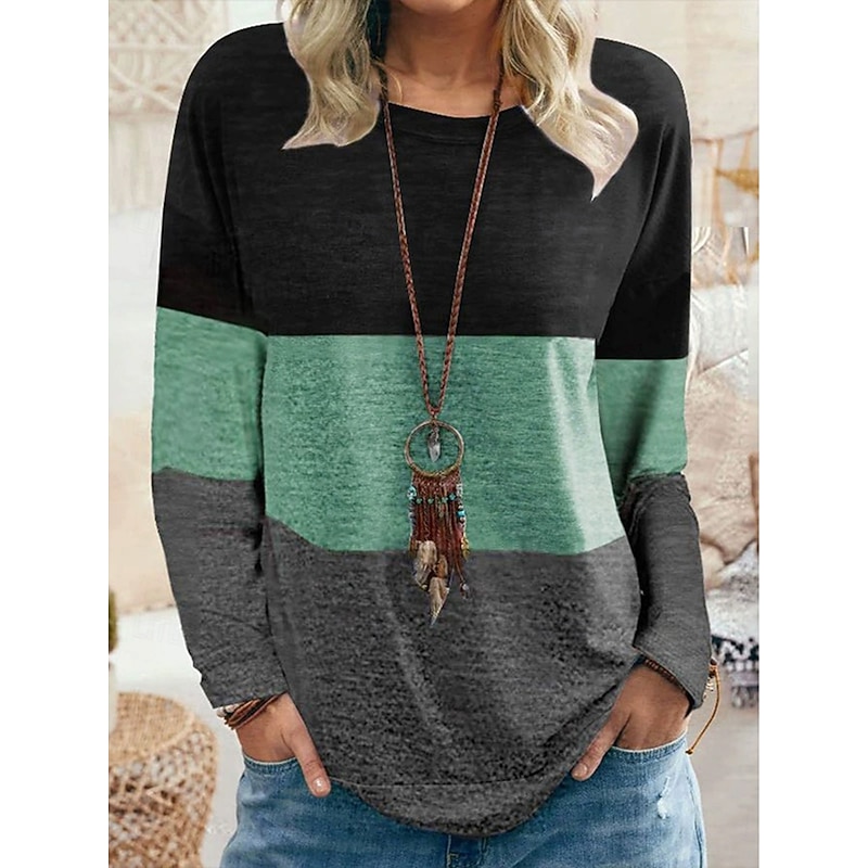 Women's T Shirt Graphic Geometric Vintage Fashion Stylish Long Sleeve Crew Neck Round Neck Regular Tops Daily Weekend Print Red Blue Green Khaki Gray Summer Spring Fall