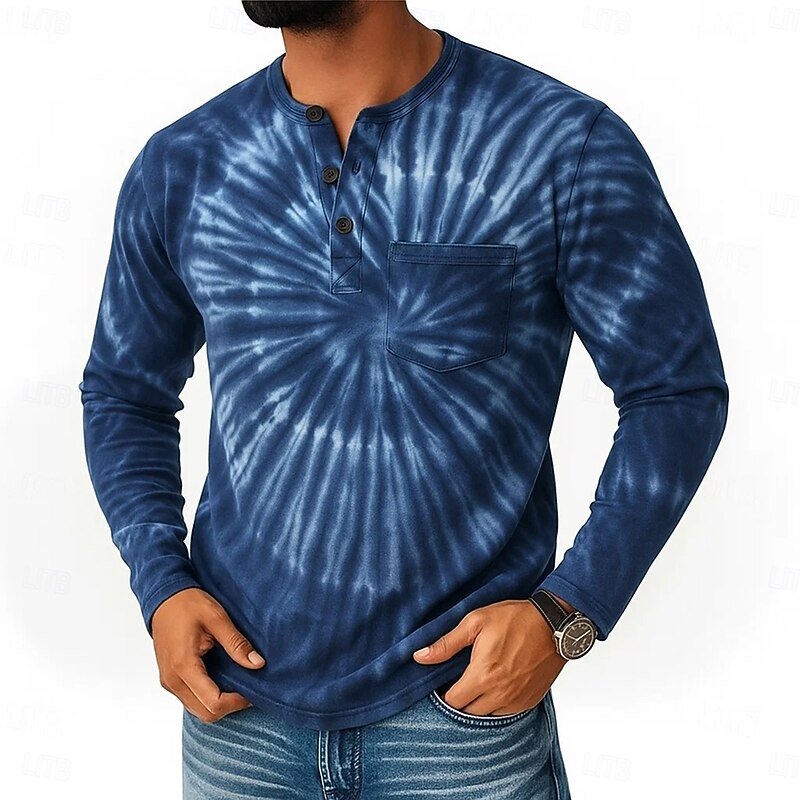 Men's Tie Dye Vintage Henley Shirt T shirt Tee Long Sleeve Retro Vintage Casual Casual Spring Fall All Seasons Black Red Blue Purple Henley Henley T-Shirt2