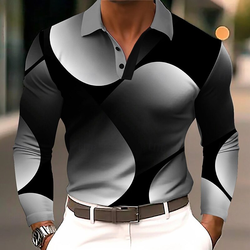 Men's Abstract Geometic Polo Long Sleeve Polo Shirts Lapel Business Casual Athleisure Daily Wear 3D Print Buttons Spring Fall Winter Yellow Pink Blue4