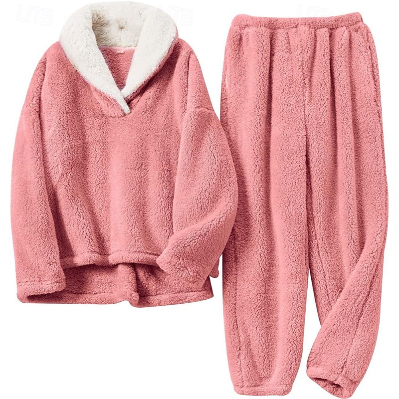 Women's Pajamas Loungewear 2 Pieces Comfort Pure Color Elastic Waist Pullover Pant Vacation Home Daily Long Sleeve Shirt Collar Black Pink Purple Light Grey Dark Gray Fall Winter