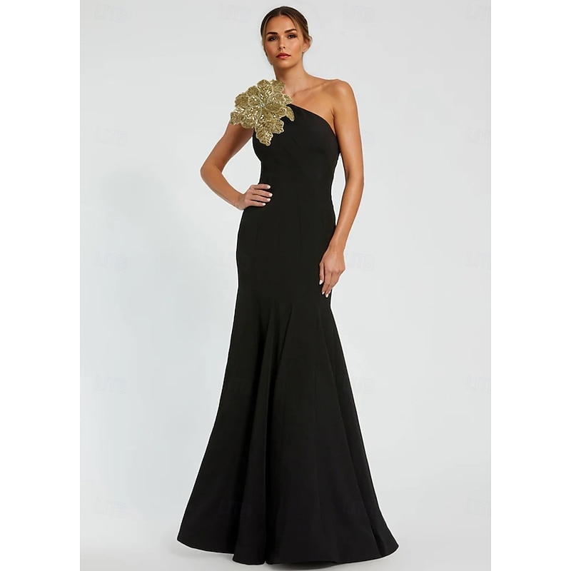 Black Tie Mermaid / Trumpet Evening Gown Elegant Formal Dress Formal Wedding Floor Length Sleeveless One Shoulder Capes Stretch Crepe with Shawl 2025