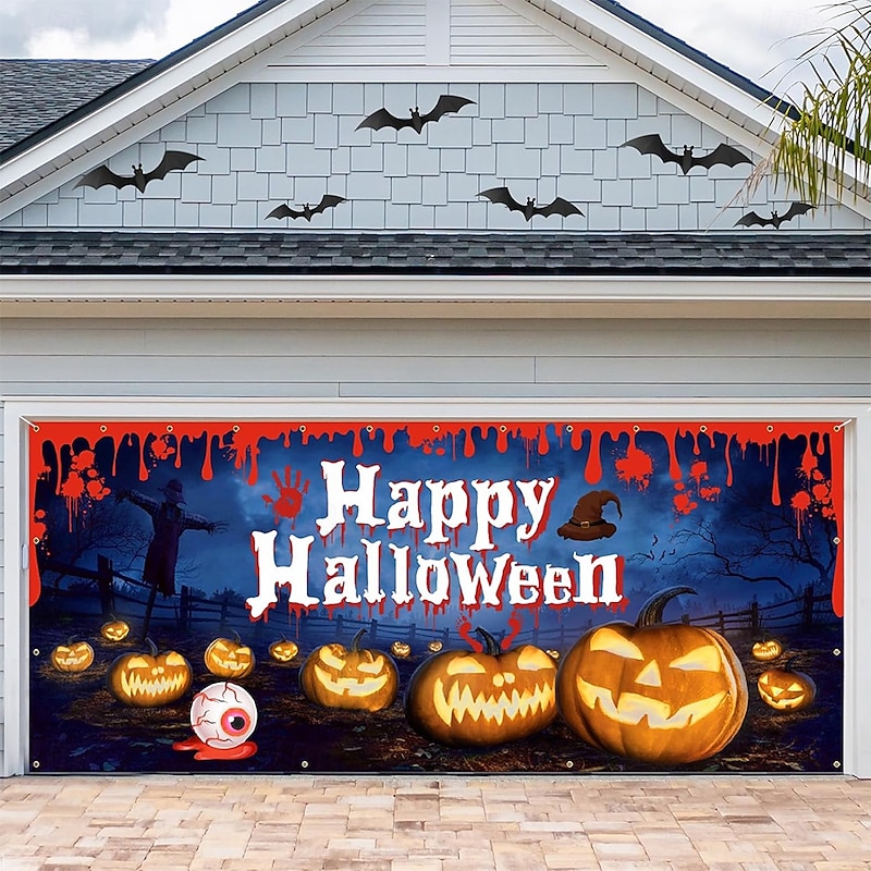 Halloween Garage Door Cover Large Hanging Backdrop Pumpkin Bloodstains 3D Dark Punk Gothic Style Party Outdoor Shooting Backgrounds Yard Haunted House Home Decor
