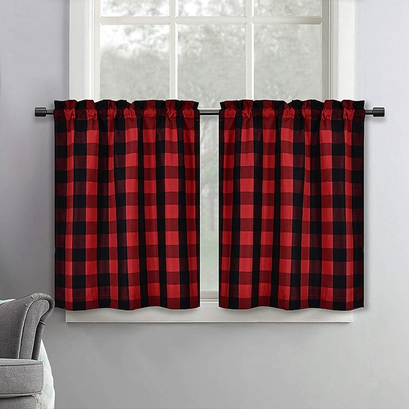 Buffalo Check Rod Pocket Valance, Kitchen and Living Room Small Window Curtain, Cafe Short Drapes, Half Window Privacy Curtain