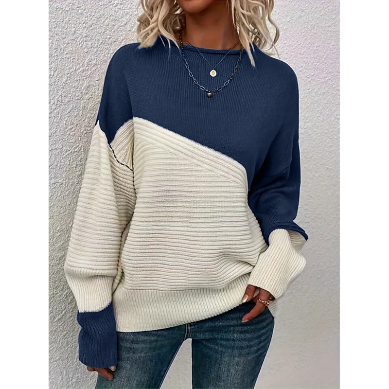 Women's Sweater Casual Soft Pure Color Ribbed Crew Neck Patchwork Knitted Long Sleeve Regular Tops Knit Outdoor Daily Weekend Navy Blue Brown Fall Winter