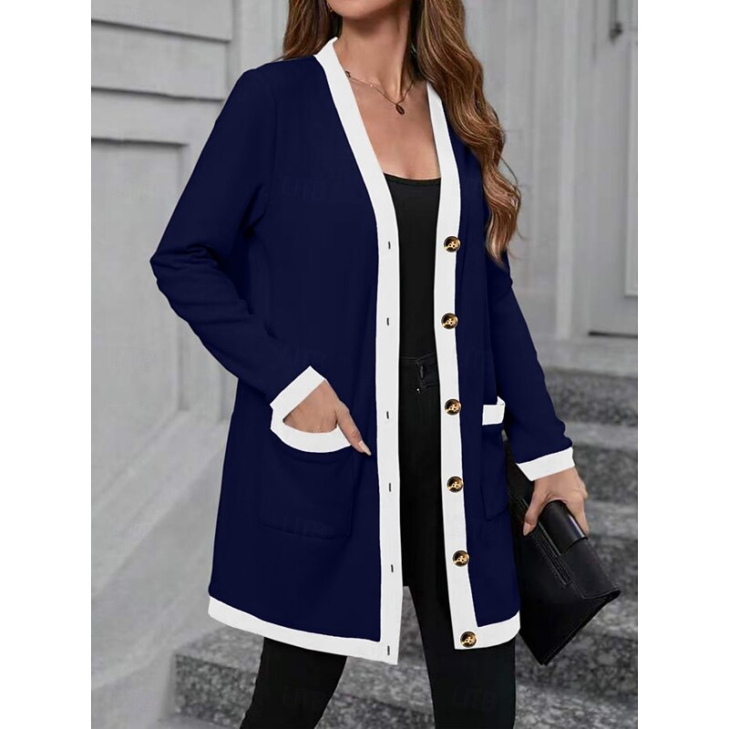Women's Casual Jacket Comfortable Breathable Pocket Buttons Casual Plain Vacation Street Casual Daily Wear Single Breasted Long V Neck Regular Fit Long Sleeve Outerwear Black Wine Red Spring Fall4
