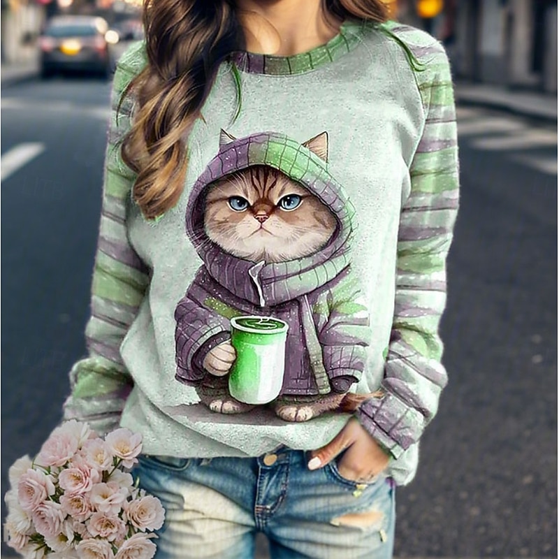 Women's Pullover Graphic Animal Cat Casual Long Sleeve Crew Neck Regular Tops Casual Pink Blue Purple Fuchsia Green Fall Winter3