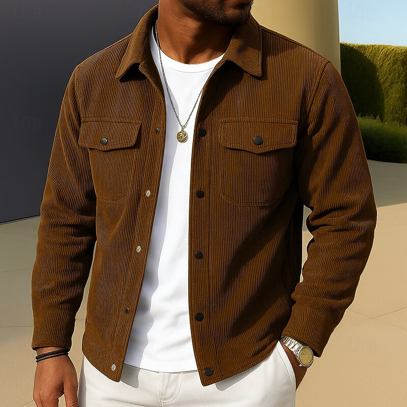 Men's Corduroy Shirt Black Brown Green Gray Long Sleeve Plain Turndown School Training Pocket Clothing Apparel Vintage Classic Casual