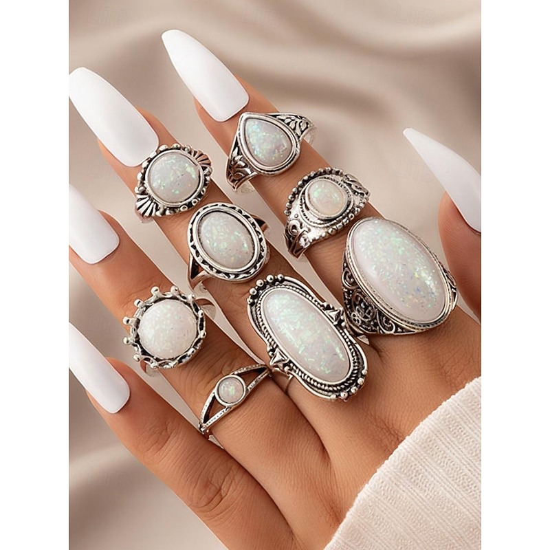 Women's Vintage Opal Ring Set, Bohemian Silver-Plated Adjustable Rings Jewelry for Parties, Weddings and Daily Wear