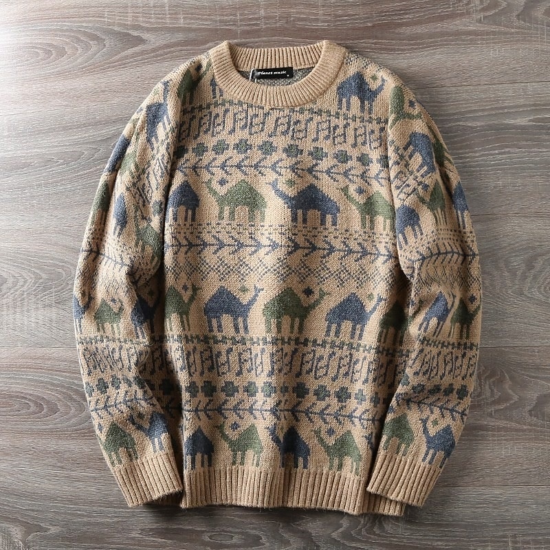 Men's Pullover Sweater Jumper Knit Sweater Ribbed Knit Regular Tops Knitted Animal Crew Neck Basic Ethnic Vacation Daily Wear Clothing Apparel Fall Winter Camel Blue M L XL2