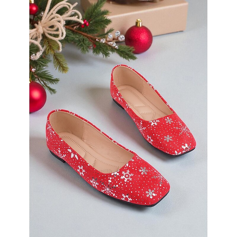Women's Red Christmas Flats with Snowflake Print – Festive Holiday Party and Everyday Casual Shoes2