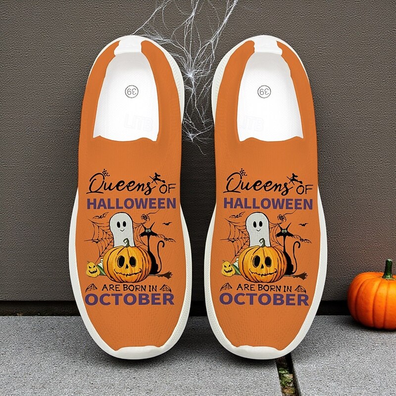 Women's Orange Lightweight Walking Sneakers with Ghost and Pumpkin Print – Casual Shoes for Halloween Theme and Daily Wear4