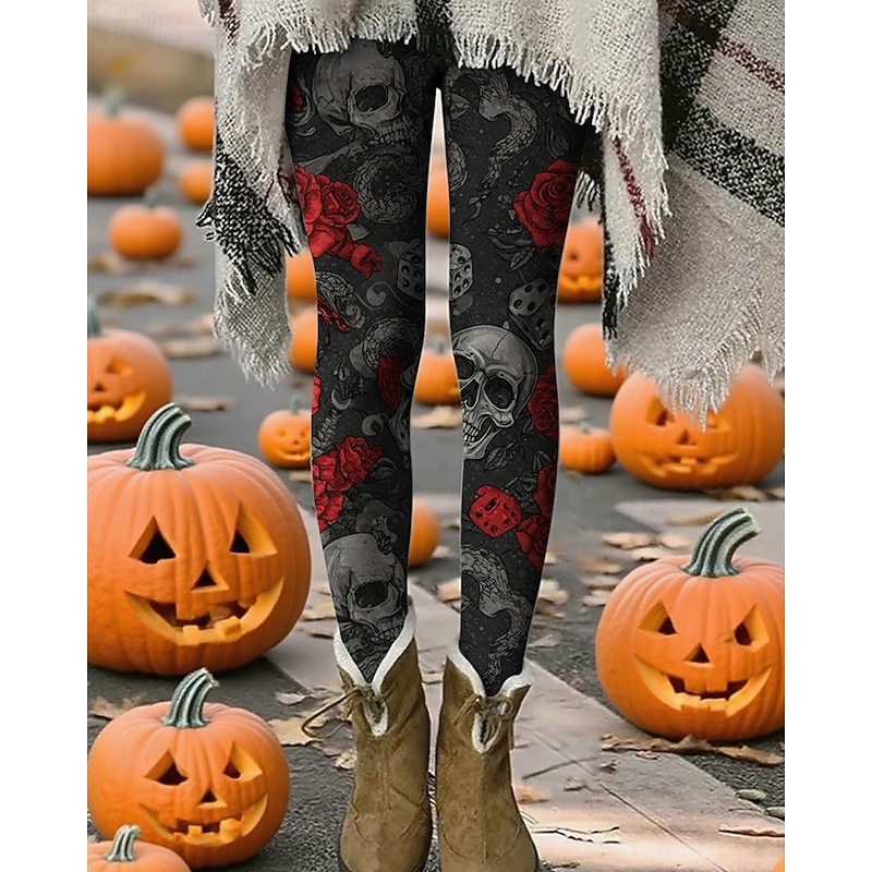 Women's Pants Trousers Leggings Cozy Leggings Streetwear Casual Full Length High WaistPantsHalloween Skull Rose Elastic Waist Print Breathability Comfortable Stretchy Vacation Street Daily Wear Dark2
