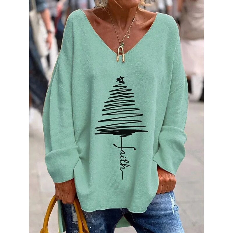 Christmas Women's T Shirt Graphic Christmas Tree Elegant Vintage Fashion Long Sleeve V Neck Regular Tops Daily Weekend Print Pink Red Green Khaki Spring Fall Winter2