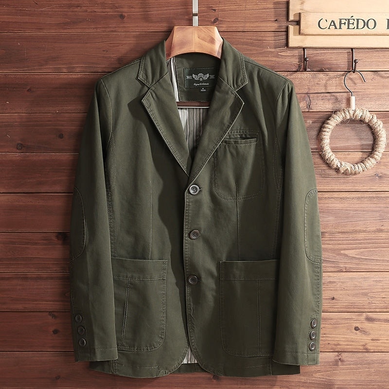 Men Lightweight Jacket Casual Casual Spring Fall & Winter Cotton Solid Color Single Breasted One-button Blazer Black khaki Army Green2