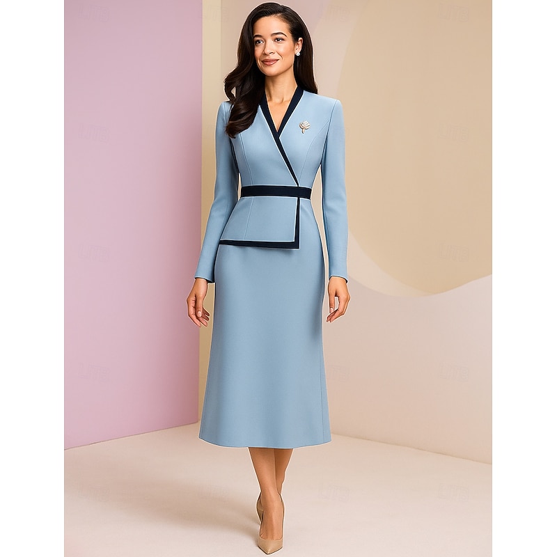 Sheath / Column Mother of the Bride Dress Elegant Vintage V Neck Tea Length  Long Sleeve with Color Block