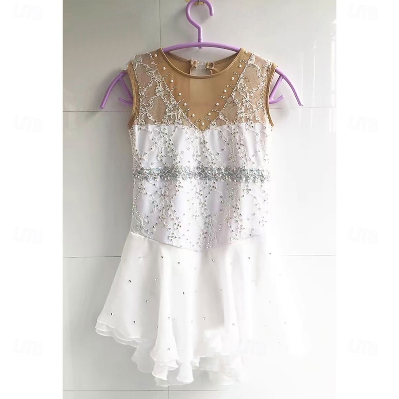 Figure Skating Dress Women's Girls' Ice Skating Dress White Patchwork Asymmetric Hem Spandex High Elasticity Training Professional Competition Skating Wear Classic Crystal / Rhinestone Sleeveless Ice3