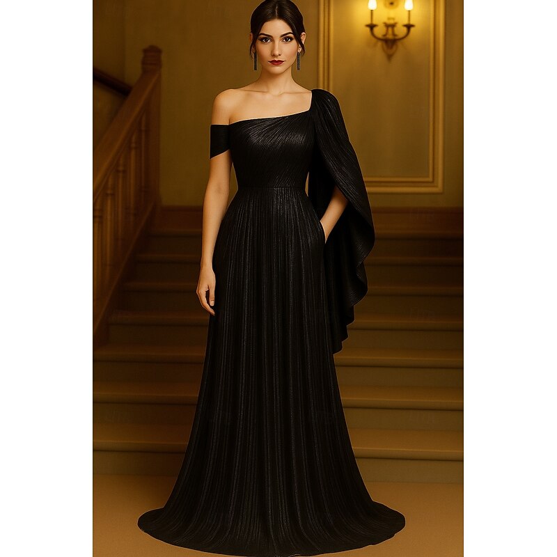 A-Line Evening Gown Elegant Formal Dress Formal Wedding Floor Length Short Sleeve One Shoulder Capes Lurex Fabric with Glitter Ruffles 20254