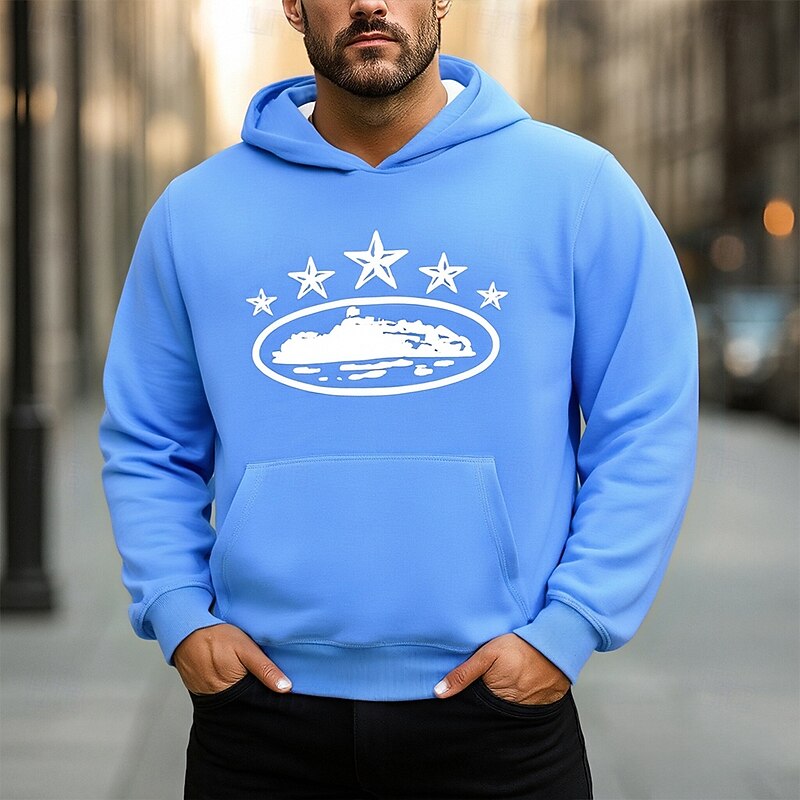 Men's Hoodie Black White Blue Gray Hooded Stars Pocket Print Sports & Outdoor Daily Holiday Polyester Streetwear Basic Casual Spring Fall Clothing Apparel Hoodies Sweatshirts