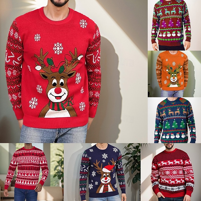 Christmas Men's Elk Geometic Pullover Sweater Jumper Fair Isle Sweater Knitwear Crewneck Casual Vacation Daily 3D Print Keep Warm Long Sleeve Spring Fall Winter Red -1 Red -2 Red -3