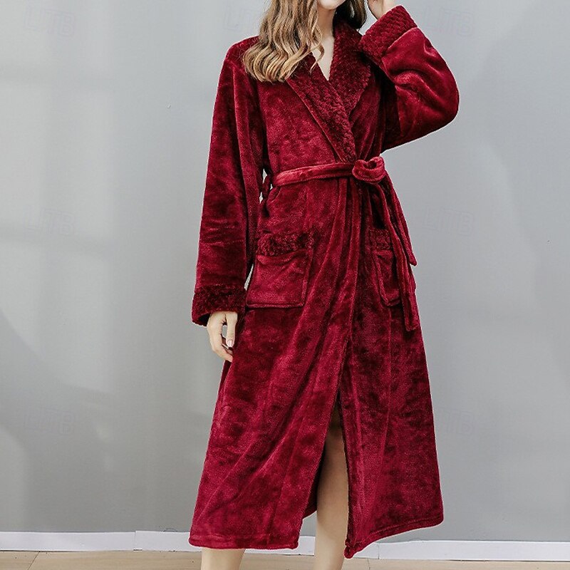 Women's Pajamas Robe Fashion Pure Color Pocket Vacation Home Bed Long Sleeve Lapel White Pink Wine Navy Blue Gray Fall Winter Tailored Fit3