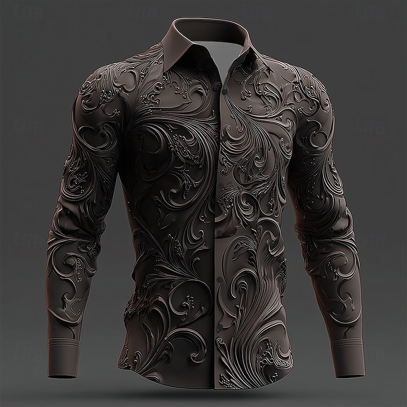 Halloween Men's Texture 3D Swirl Intricate Floral Shirt Button Up Shirt Long Sleeve Vintage Retro Dark Gothic Style Outdoor Holiday Spring Fall Turndown 3D Print Collared Shirts Dark Brown Blue Brown2