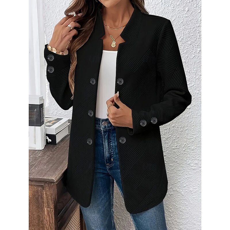 Women's Blazer Comfortable Breathable Buttons Casual Plain Office Street Casual Daily Wear Single Breasted Long Stand Collar Regular Fit Long Sleeve Outerwear Black White Gray Spring Fall4