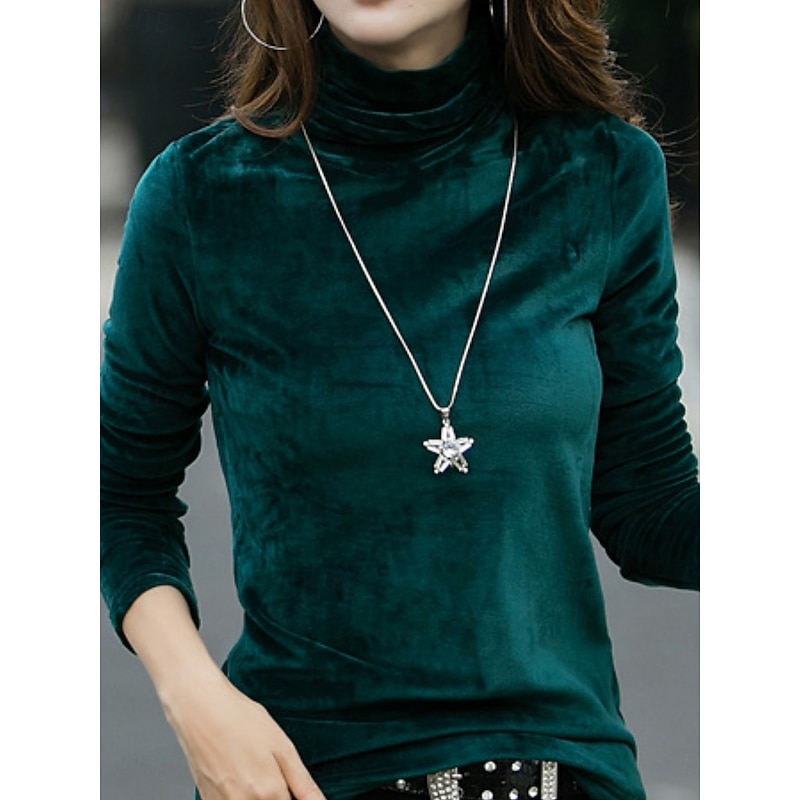 Women's Blouse Solid Color Elegant Stylish Basic Long Sleeve Turtleneck Regular Tops Daily Ruched Black Red Blue Purple Green Spring Fall Winter