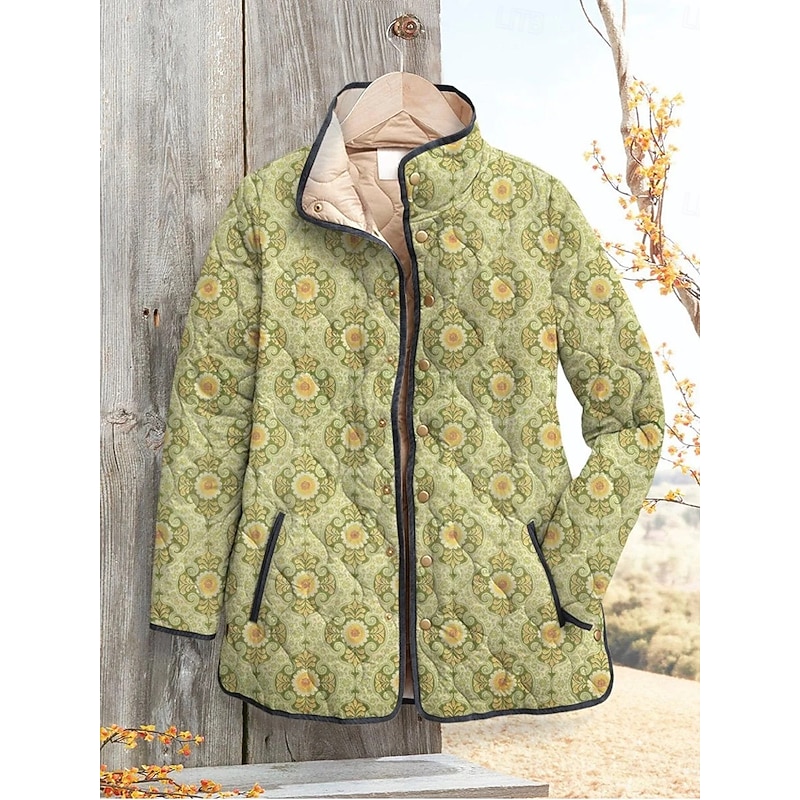 Women's Winter Jacket Puffer Jacket Warm Comfortable Pocket Buttons Print Vintage Boho Vintage Geometric Vacation Casual Daily Single Breasted Regular Stand Collar Regular Fit Long Sleeve Outerwear4