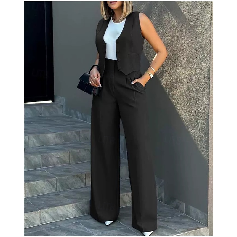 Women's Active Fashion Pants Sets Blazer Suits Sleeveless V Neck Solid Color Patchwork Vacation Casual Daily Black White Blue Summer Regular Fit4