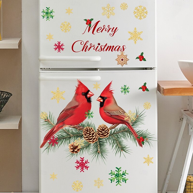 Christmas Sticker Wall Decals Colorful Parrot Pinecone Snowflake Removable Vinyl Mural Holiday Party Bedroom Entryway Home Background Decoration For Christmas Festival Atmosphere2