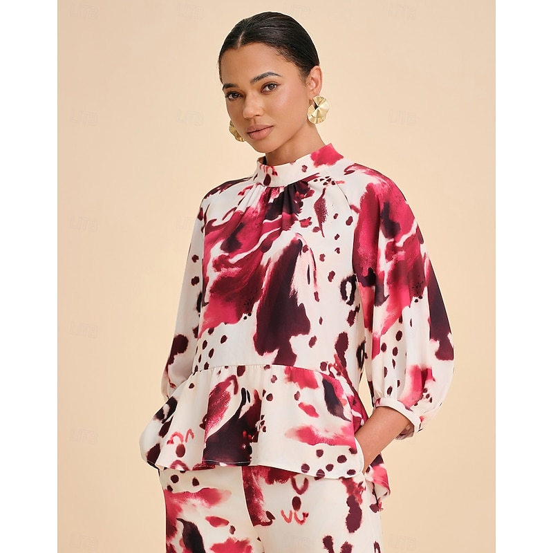 Women's Blouse Wine Abstract Print Standing Collar Casual Elegant Bohemian Vacation Spring Summer
