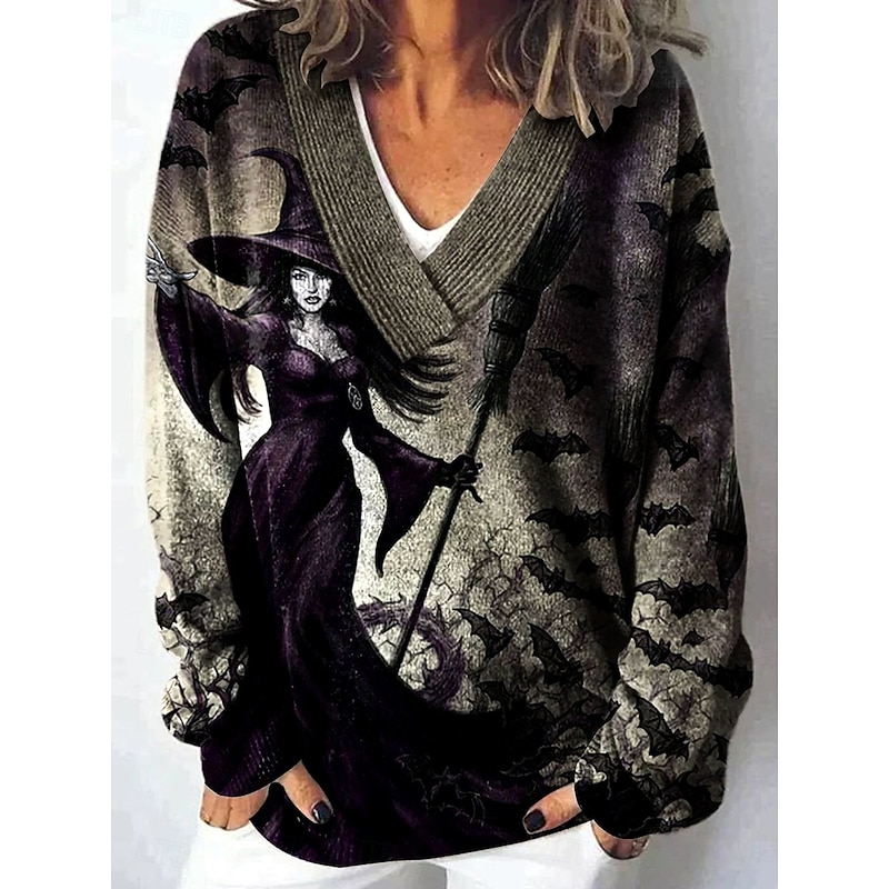 Halloween Women's Cardigan Daily Casual Witch Graphic Skeleton Ribbed V Neck Buttons Print Long Sleeve Regular Tops Knit Outdoor Weekend Black Fall Winter