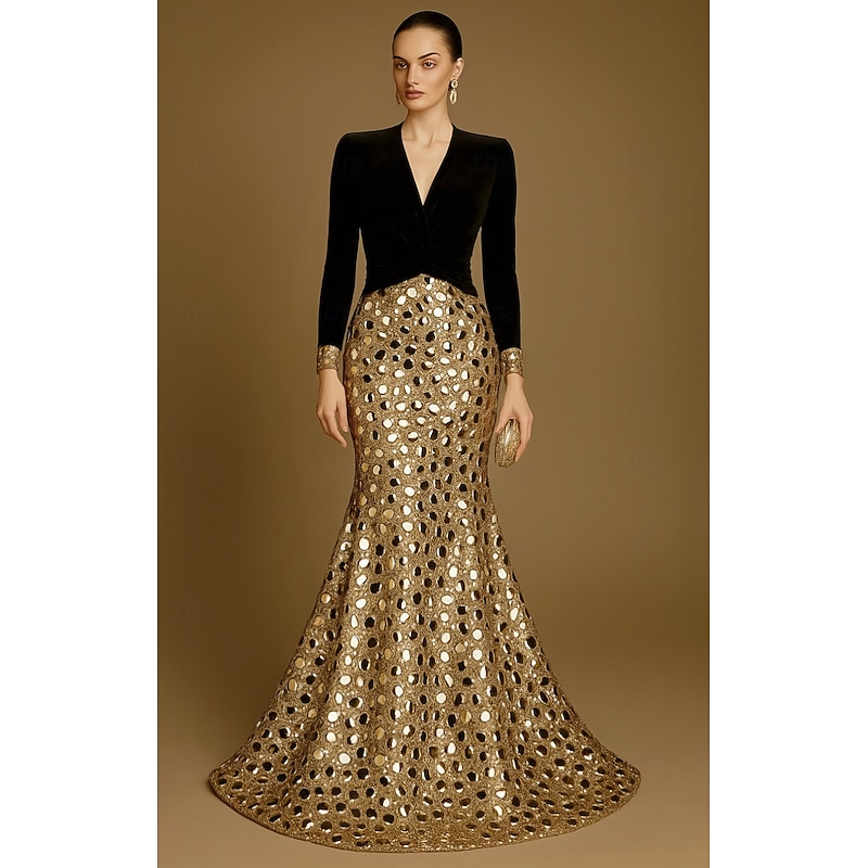 Black Gold Mermaid / Trumpet Evening Gown Elegant Formal Dress Formal Wedding Floor Length Long Sleeve V Neck Sequined with Glitter Pleats Sequin 2025